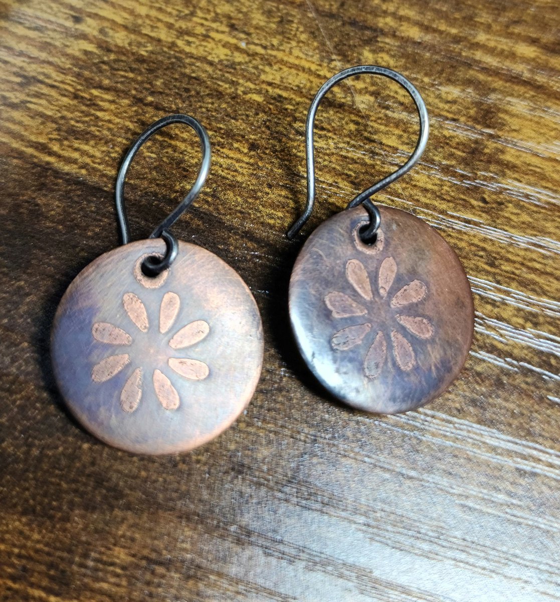 Daisy Earrings, Oxidized Copper and Sterling Silver