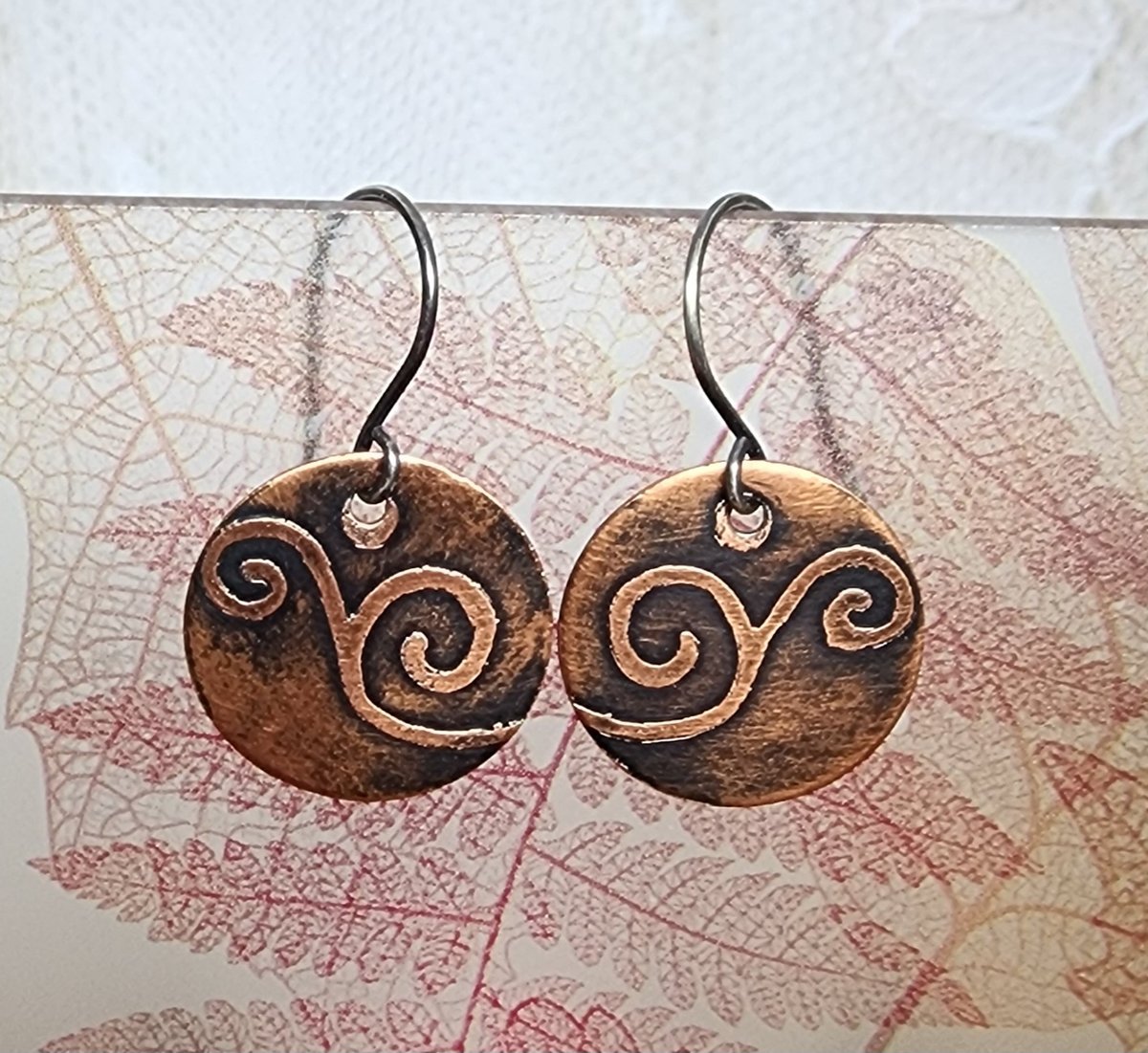 Swirl Curly Cue Earrings, Oxidized Copper and Sterling Silver
