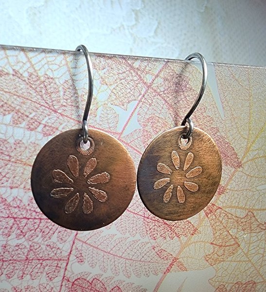 Daisy Earrings, Oxidized Copper and Sterling Silver