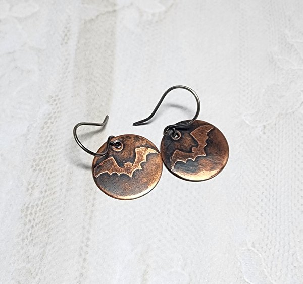 Bat Earrings, Darkened Copper and Sterling Silver